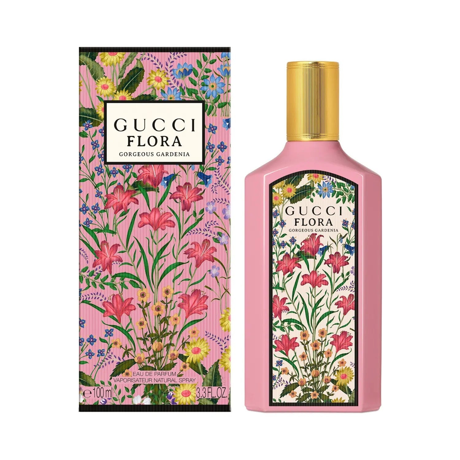Flora Gorgeous Gardenia Gu*ci EDP pink bottle